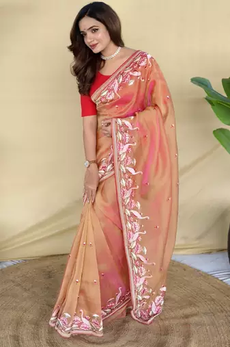 Orange embroiedery work two tone silk saree