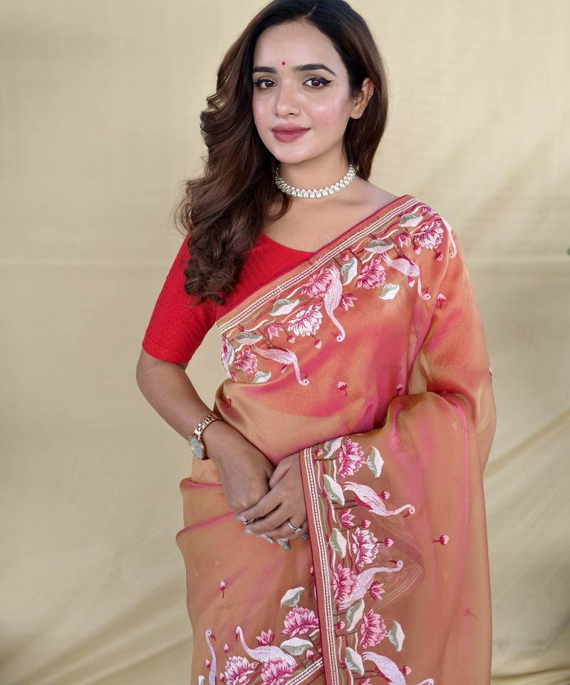 Orange embroiedery work two tone silk saree