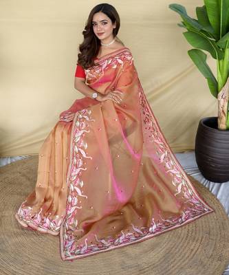 Orange embroiedery work two tone silk saree 4