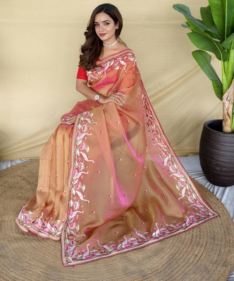 Orange embroiedery work two tone silk saree