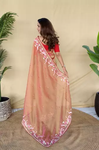 Orange embroiedery work two tone silk saree