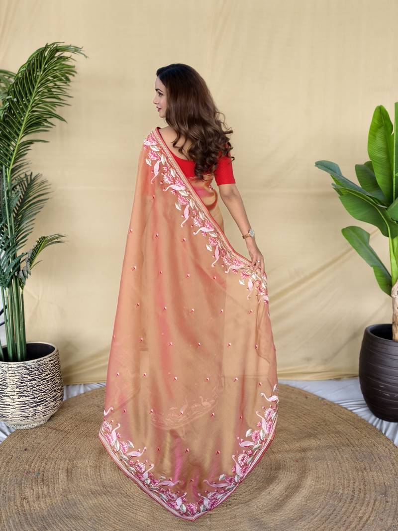Orange embroiedery work two tone silk saree