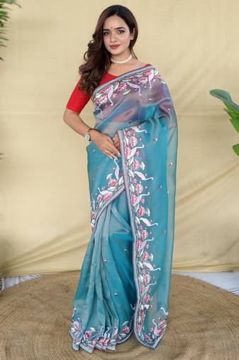Sky blue embroiedery work two tone silk saree