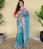 Sky blue embroiedery work two tone silk saree