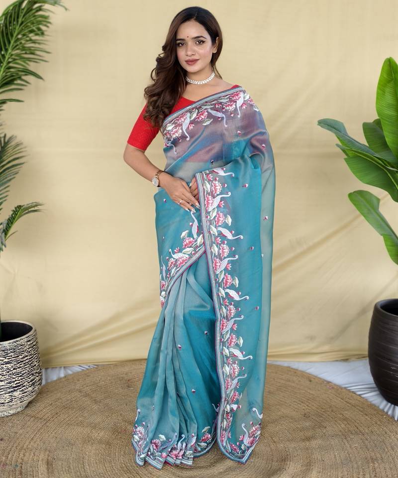 Sky blue embroiedery work two tone silk saree