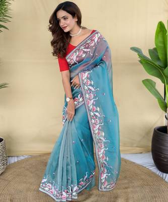 Sky blue embroiedery work two tone silk saree 2
