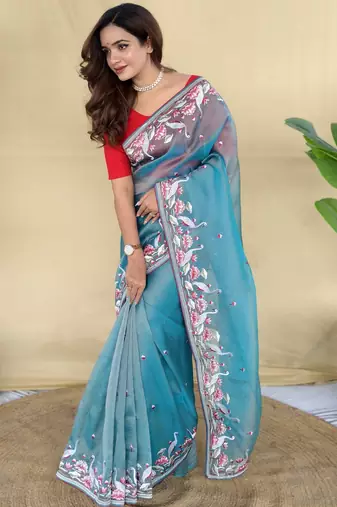 Sky blue embroiedery work two tone silk saree