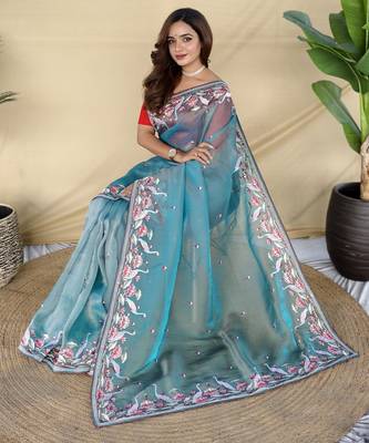 Sky blue embroiedery work two tone silk saree 4