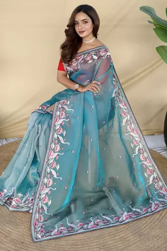 Sky blue embroiedery work two tone silk saree