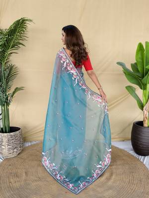 Sky blue embroiedery work two tone silk saree 5