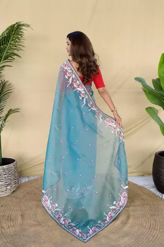 Sky blue embroiedery work two tone silk saree