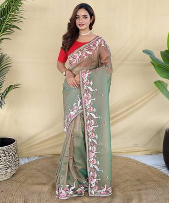 Green embroiedery work two tone silk saree 1