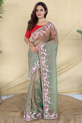 Green embroiedery work two tone silk saree