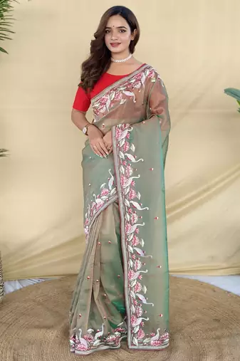 Green embroiedery work two tone silk saree