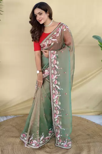 Green embroiedery work two tone silk saree