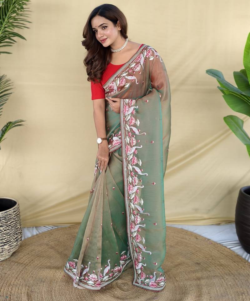 Green embroiedery work two tone silk saree