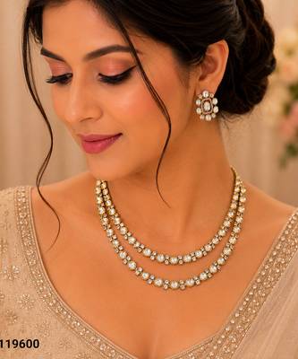 White color kundan & ad stone necklace set with earrings, gold plated 1