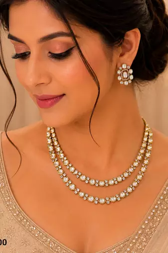 White color kundan & ad stone necklace set with earrings, gold plated