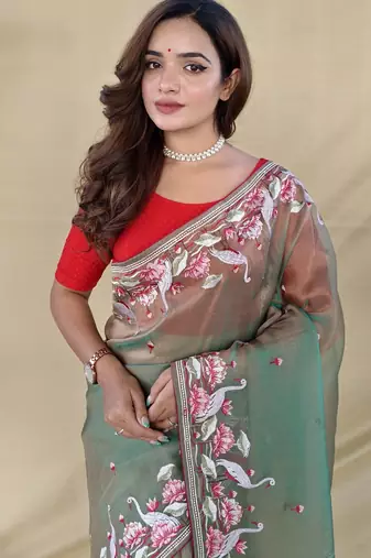 Green embroiedery work two tone silk saree