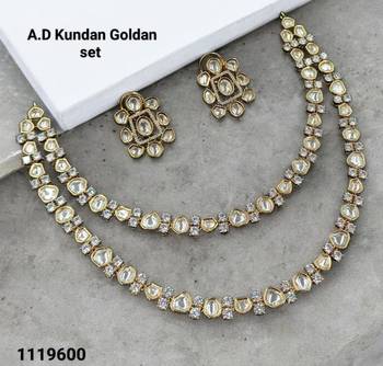 White color kundan & ad stone necklace set with earrings, gold plated 2