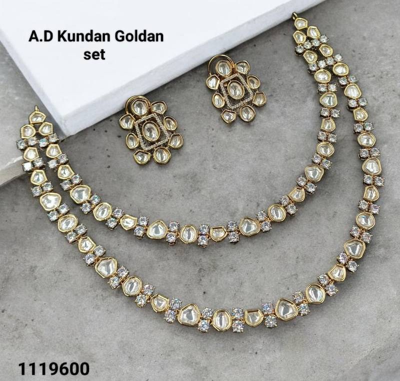 White color kundan & ad stone necklace set with earrings, gold plated