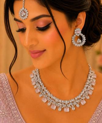 Beby pink rhodium-plated agate stone necklace set with earrings & maang tikka 1