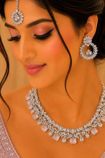 Beby pink rhodium-plated agate stone necklace set with earrings & maang tikka