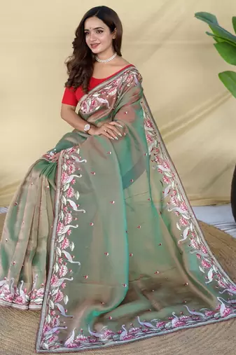 Green embroiedery work two tone silk saree