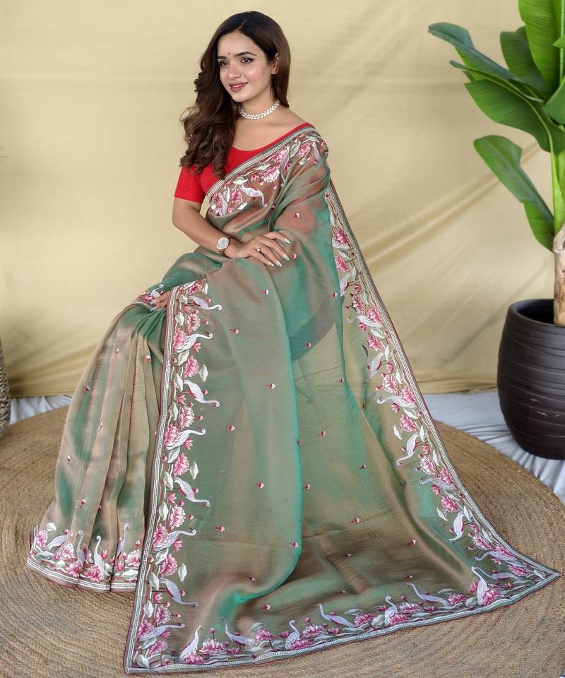 Green embroiedery work two tone silk saree