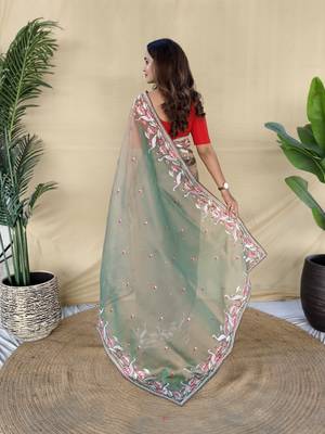 Green embroiedery work two tone silk saree 5