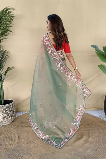 Green embroiedery work two tone silk saree