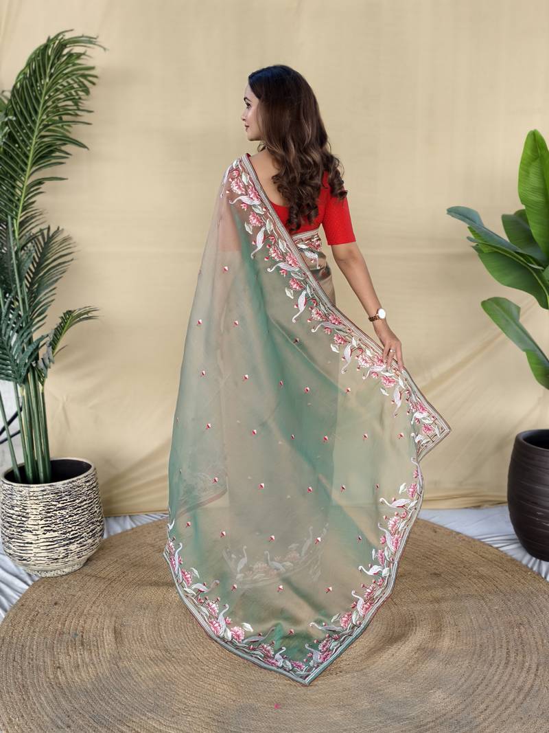 Green embroiedery work two tone silk saree