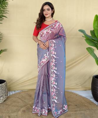 Lavender embroiedery work two tone silk saree 1
