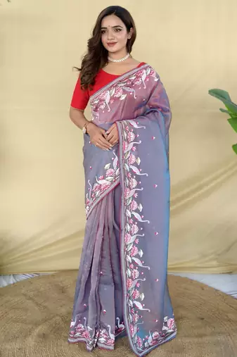 Lavender embroiedery work two tone silk saree