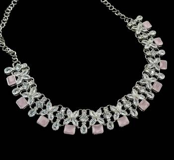 Beby pink rhodium-plated agate stone necklace set with earrings & maang tikka 4