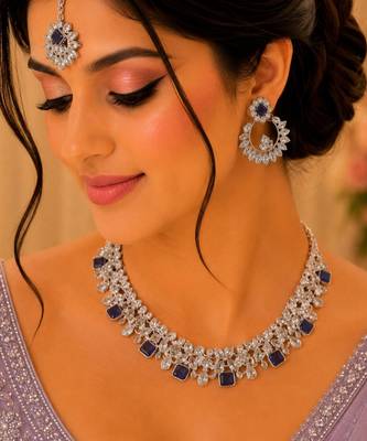 Purple rhodium-plated agate stone necklace set with earrings & maang tikka 1