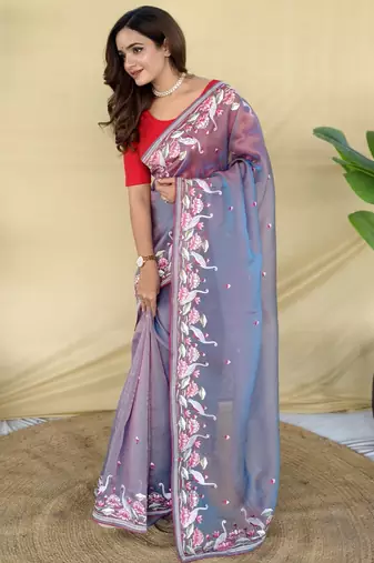 Lavender embroiedery work two tone silk saree