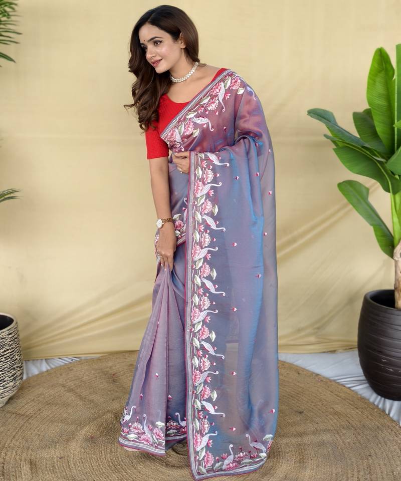 Lavender embroiedery work two tone silk saree