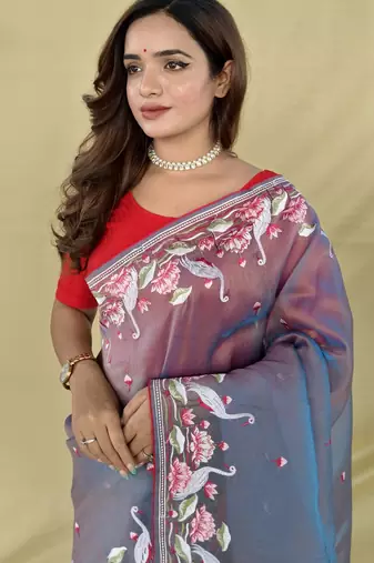 Lavender embroiedery work two tone silk saree