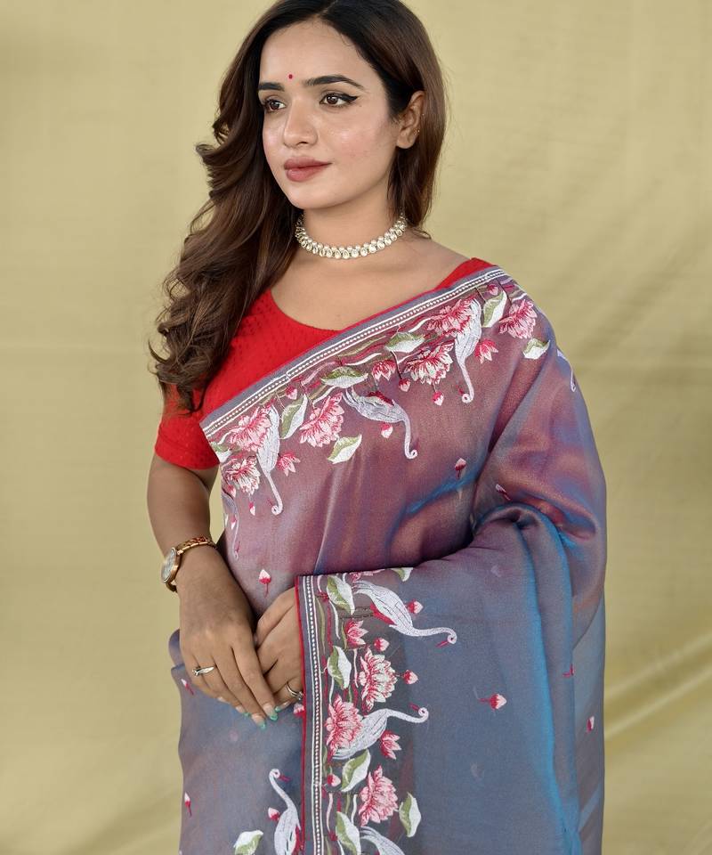 Lavender embroiedery work two tone silk saree