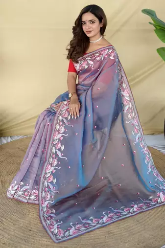 Lavender embroiedery work two tone silk saree
