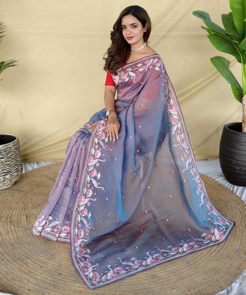 Lavender embroiedery work two tone silk saree
