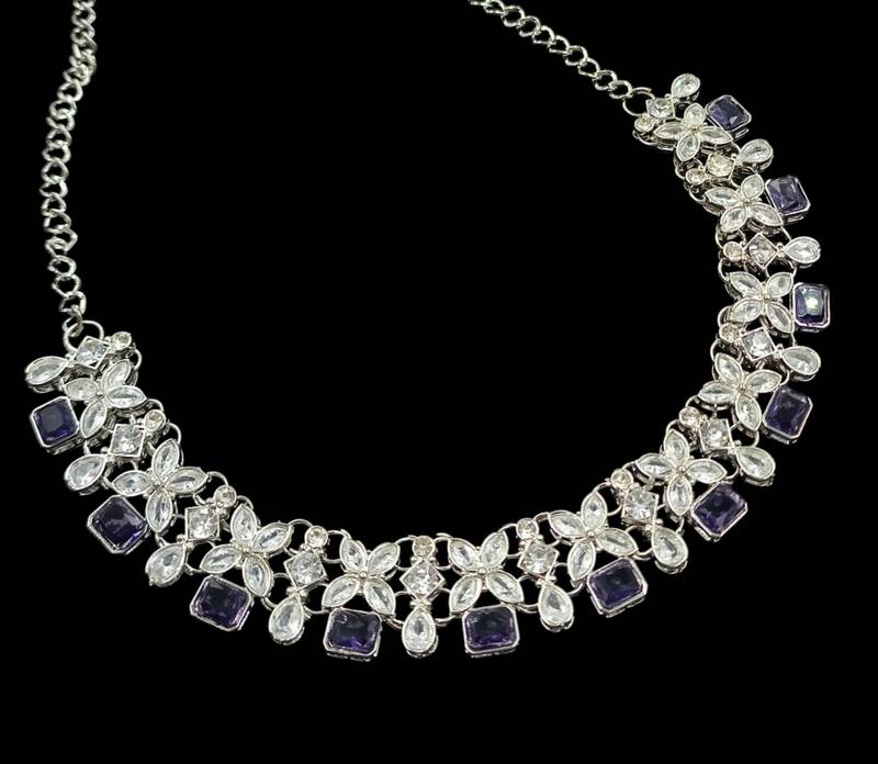 Purple rhodium-plated agate stone necklace set with earrings & maang tikka