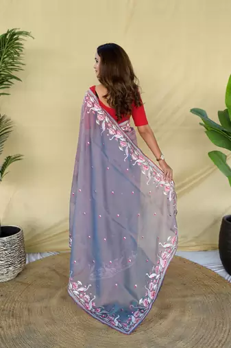 Lavender embroiedery work two tone silk saree