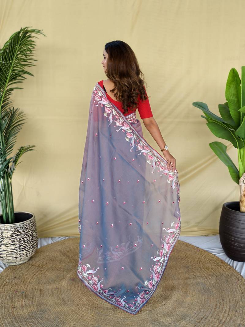 Lavender embroiedery work two tone silk saree