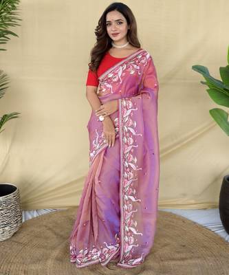 Pink embroiedery work two tone silk saree 1
