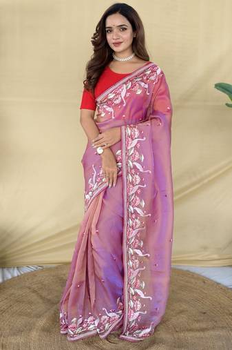 Pink embroiedery work two tone silk saree