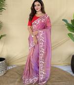 Pink embroiedery work two tone silk saree