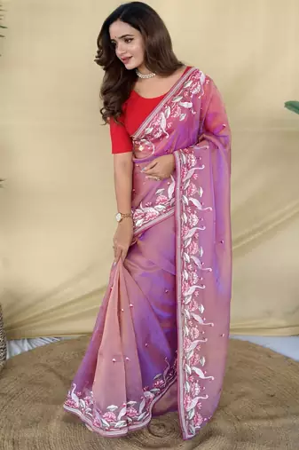 Pink embroiedery work two tone silk saree