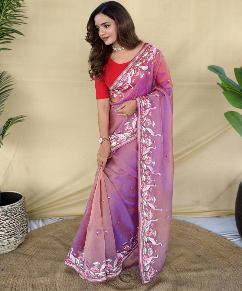 Pink embroiedery work two tone silk saree